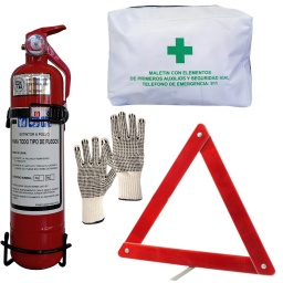 BOMBERITO EXTINTOR C/SOPORTE + BOTIQUN + BALIZA + GUANTES