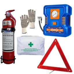 EXTINTOR BOMBERITO + INFLADOR + BOTIQUN + BALIZA + GUANTES