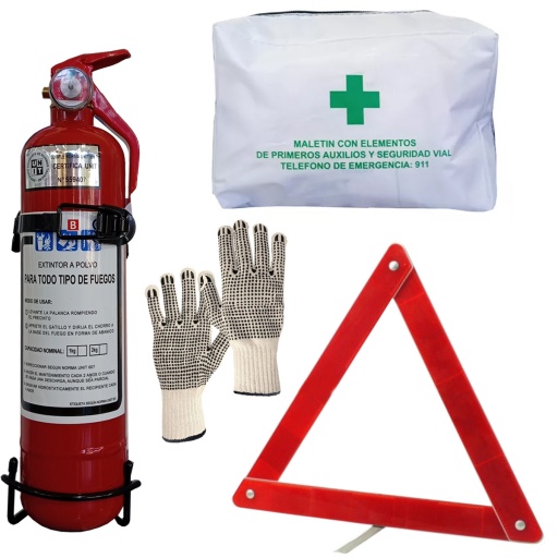 BOMBERITO EXTINTOR C/SOPORTE + BOTIQUN + BALIZA + GUANTES