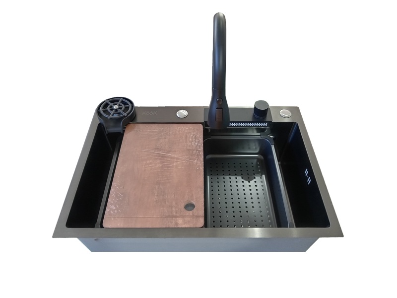PILETA KOOK COMPLETA GRIFERIA TABLA Y ESCURRIDOR 70 X 45 X 20 NEGRA